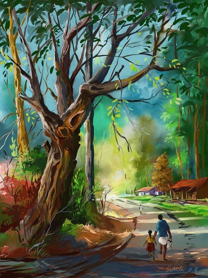 an oil painting of people walking down a path in the woods near a large tree