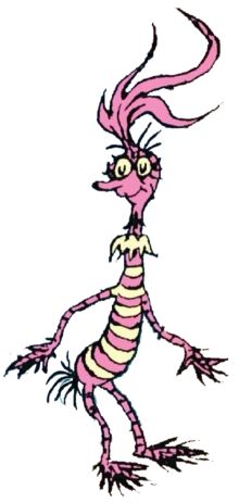 a drawing of a pink and yellow bird with long legs, striped shirt and boots