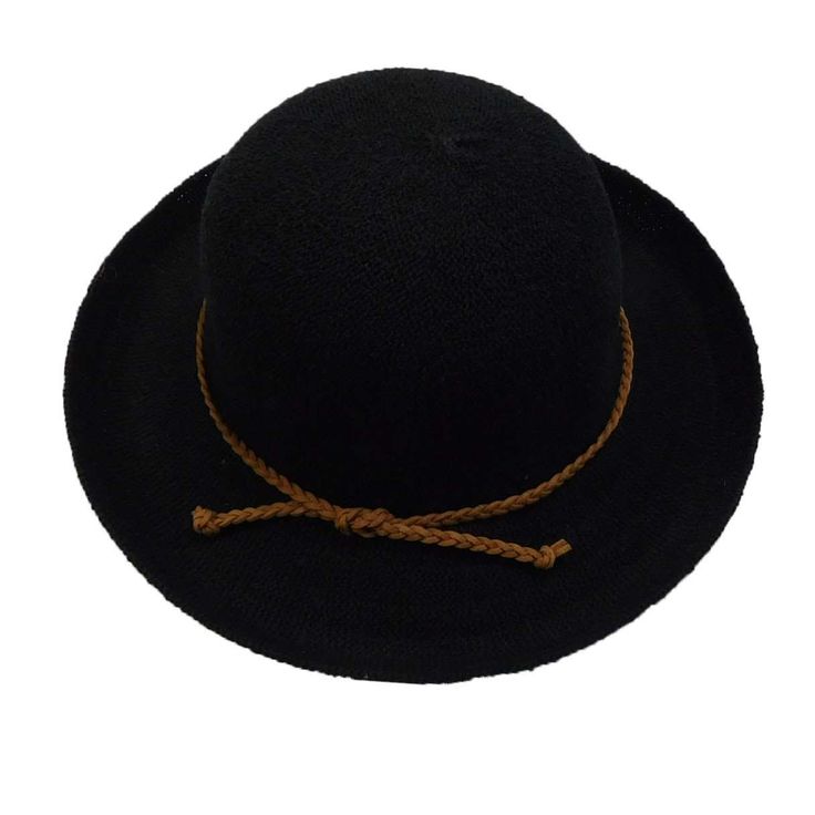 Knit, lightweight hat, perfect for spring and fall. Round crown. Up turned brim, 3" wide. Twisted leatherette band. Inner drawstring to adjust size. Available colors: One size. 100% polyester. One Size Black Hat For Fall, Black Western Brimmed Sun Hat, Casual Black Crochet Hat For Outdoor, Casual Black Crochet Hat For Outdoors, Casual Crochet Hat With Adjustable Short Brim, Adjustable Casual Crochet Hat With Short Brim, Casual Black Boater Hat With Short Brim, Black One Size Straw Hat For Outdoor, Trendy Adjustable Black Bucket Hat