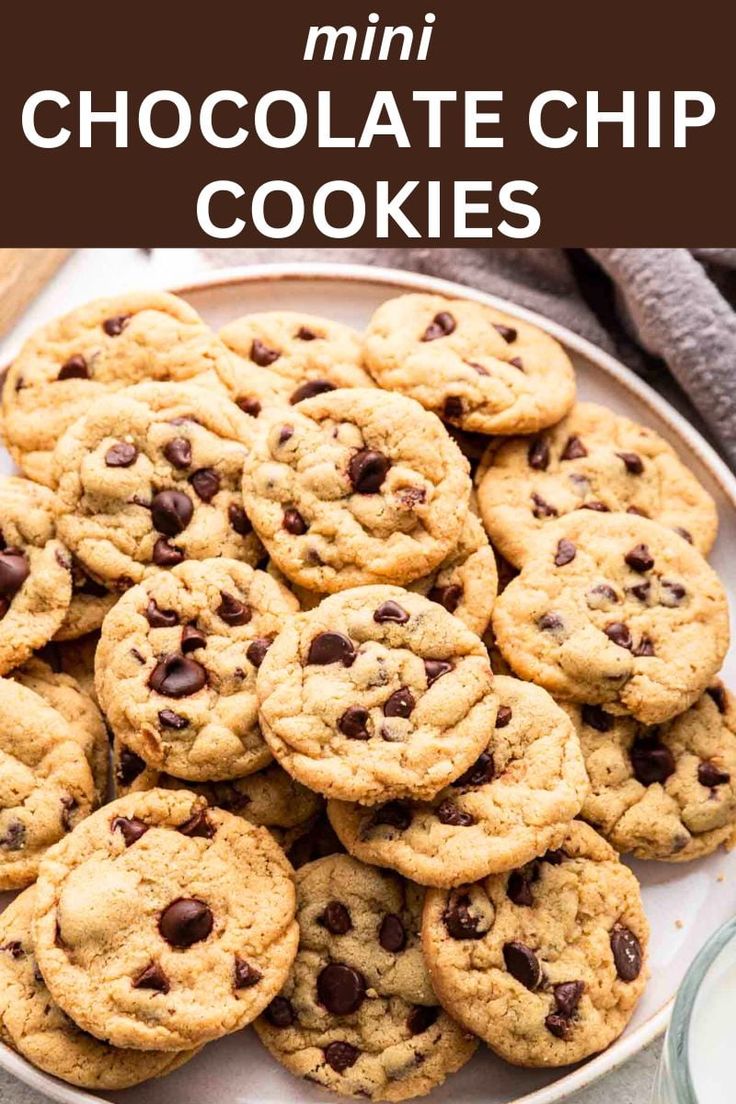 chocolate chip cookies on a plate with milk