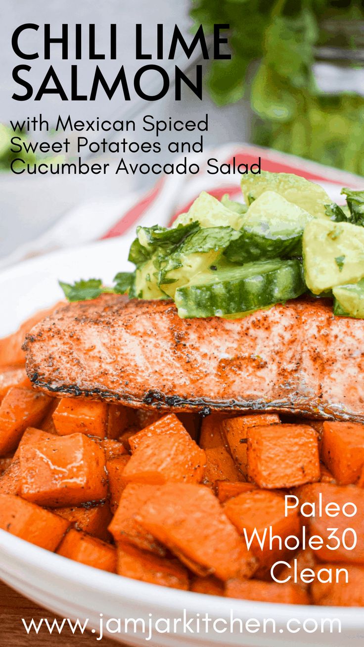 salmon and sweet potatoes with avocado on top