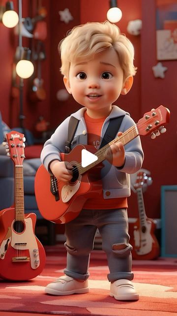 a little boy holding a guitar and standing in front of guitars