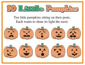 ten little pumpkins sitting on their posts each wants to shine its light the most