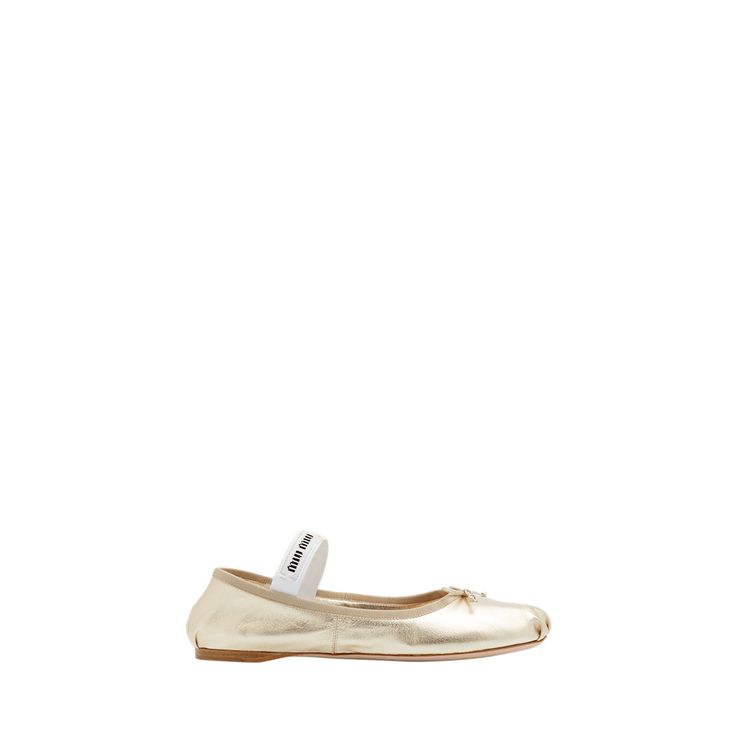 Miu Miu metallic lambskin leather ballerina flats 0.17 in / 5 mm flat heel Round toe Logo-print mid vamp band Leather outsole Made in Italy Luxury Gold Ballet Flats, Luxury Calf Leather Ballet Flats For Spring, Designer Spring Ballet Flats, Luxury Low Heel Ballet Flats For Spring, Luxury Slip-on Ballet Flats For Spring, Designer Ballet Flats For Spring, Luxury Spring Ballet Flats For Galas, Luxury Flats For Spring, Luxury Spring Flats