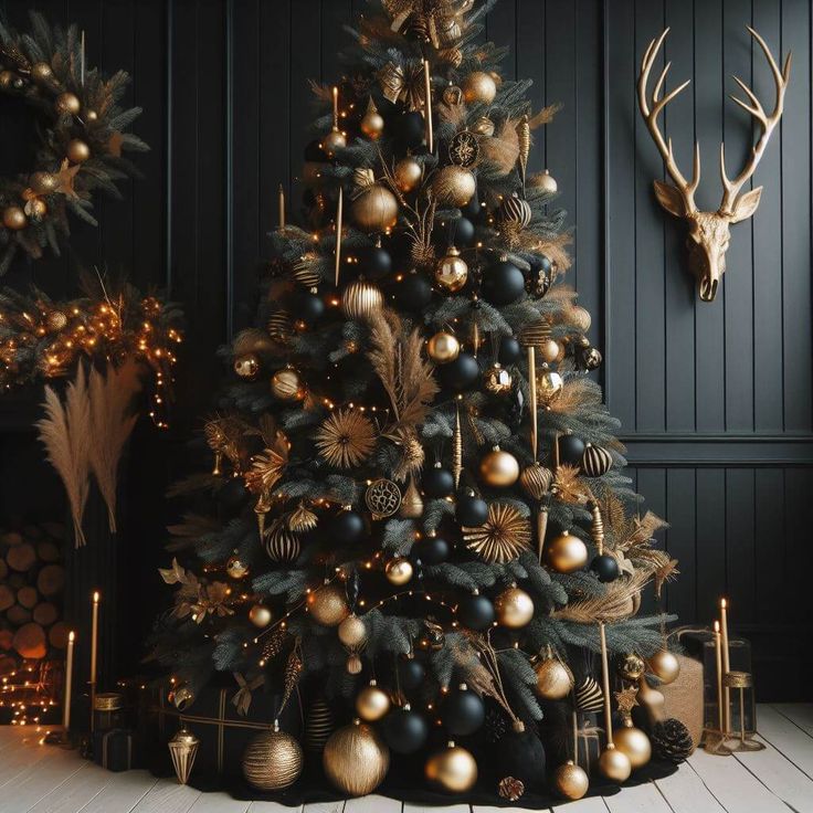 a decorated christmas tree with gold and black ornaments in front of a dark wood paneled wall