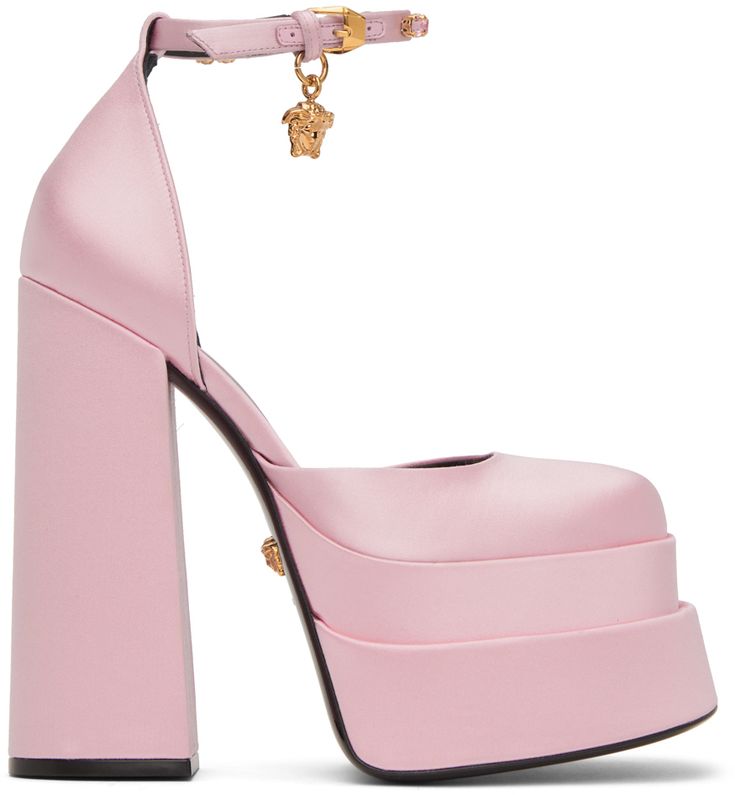 Satin heels in pink. · Square toe · Medusa hardware and crystal-cut accents at pin-buckle ankle strap · Grained goatskin lining · Covered block heel · Leather outsole · Platform: H2.5 in · Heel: H6 in Supplier color: Candy Pink Medusa, Versace Heels, Pink Sandals Heels, Pink Platform Heels, Versace Pink, Color Candy, Pink Platforms, Versace Shoes, Pink Square