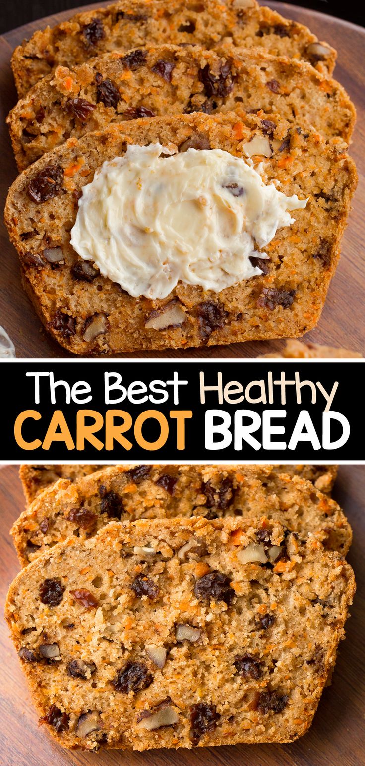 the best healthy carrot bread with cream cheese on top is shown in this collage