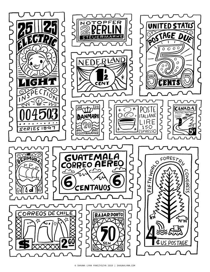 postage stamps with the names and numbers for different countries in black ink on white paper