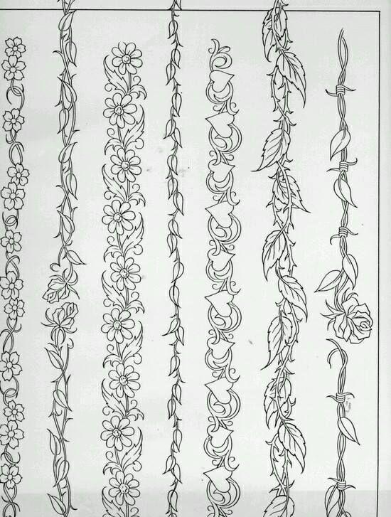 an old fashioned line drawing with vines and flowers on it's sides, all in different sizes