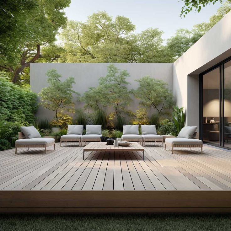 an outdoor living area with couches, tables and plants on the decking wall