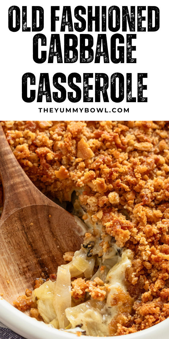 an old fashioned cabbage casserole in a white dish with a wooden spoon