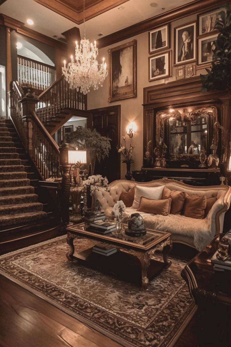 a living room filled with furniture and a chandelier hanging from the ceiling next to a stair case