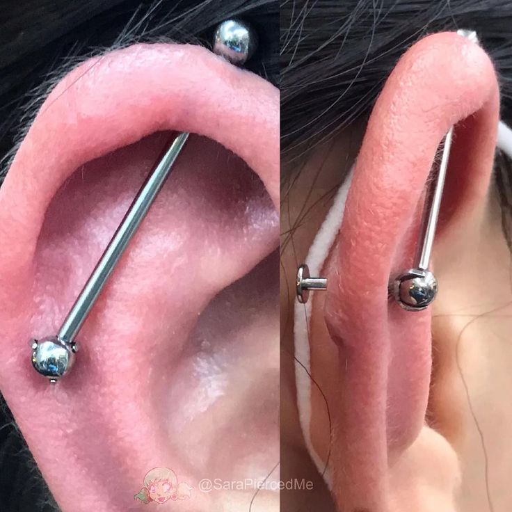 an ear piercing is shown in two different positions