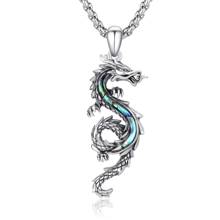 PRICES MAY VARY. Dragon Necklace: The dragon is one of the most powerful totems, full of mystery and appearing in many legends and folklore throughout history. It usually signifies strength, courage and perseverance. The dragon is also a symbol of protection Material: 925 sterling silver dragon pendant with abalone shell inlay, chain is made of stainless steel. No harmful ingredients, no nickel, no lead, no cadmium, skin friendly and healthy Appropriate Size: Dragon pendant size is：35+15mm / 1.3 Sterling Silver Locket Necklace, Silver Dragon Necklace, Pentagram Pendant, Dragon Necklace, Long Silver Necklace, Mens Silver Necklace, Dragon Jewelry, Moon Pendant Necklace, Silver Dragon