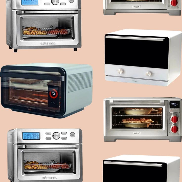 many toaster ovens are shown with different designs on the same wall and one has food in it