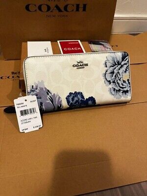 Find ideas๏ฟฝand inspiration for COACH Long zip wallet F6656 Signature White & Blue flowers chalk New with Tag, Womens Accessories White Wallets With Card Slots For Spring, Spring White Wallets With Card Slots, White Wallets For Spring Gift, Spring Gift Wallets With Zipper Closure, Coach Wallets As Spring Gifts, White Blue Flowers, White And Blue Flowers, Coach New York, Pvc Coat