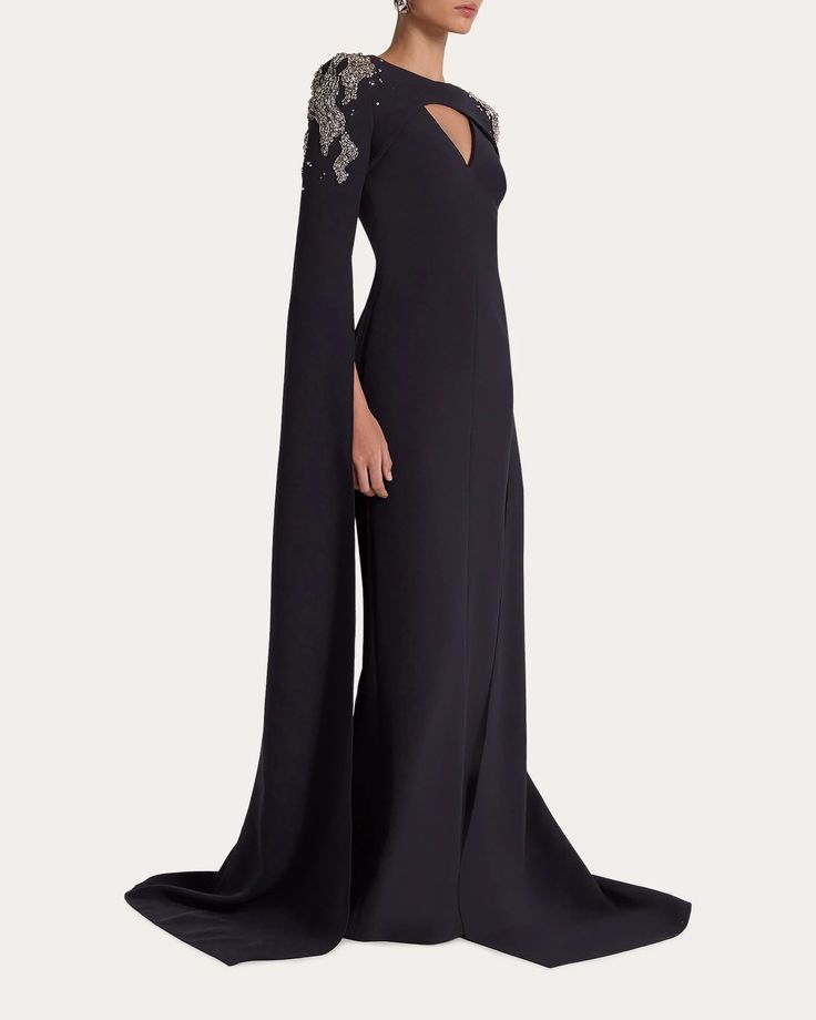 Safiyaa Sarita Embellished Cape Gown | OLIVELA Cutout Neckline, Cape Gown, Cape Sleeves, Crystal Embellishment, Bodice, Cape, Embellishments, Fitness Models, Bag Accessories