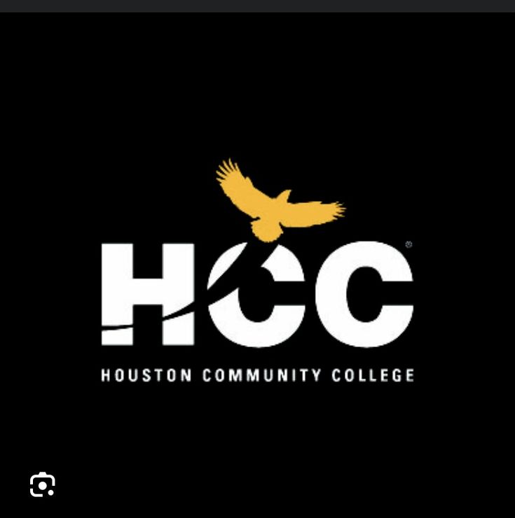 the houston community college logo with a bird flying in the air over it's head