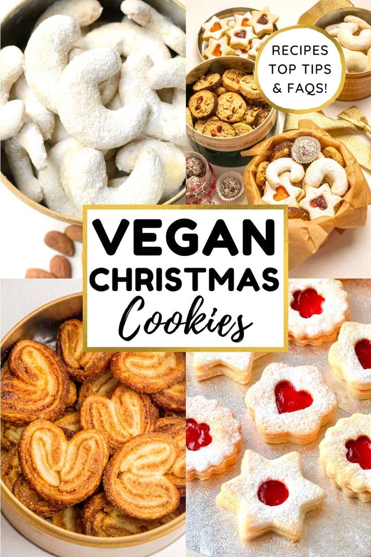 vegan christmas cookies and desserts are featured in this collage with text overlay