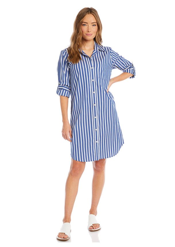 This versatile button-front dress features cuffed roll-tab sleeves, a shirt pocket, and a comfortably stretchy fit that is perfect for warmer weather. Wear it open as a jacket, or buttoned as a dress. Roll-tab sleeve Length: 39 1/8 inches (size M) 80% Cotton 17% Nylon 3% Spandex Available in indigo Made in the USA of imported fabric Machine wash cold, hang to dry or dry clean Button down Striped Bohemian Chic Outfits, Short Dress Styles, Chloe Dress, Shirt Pocket, Stripe Long Sleeve, Striped Shirt Dress, Weather Wear, Button Front Dress, Karen Kane