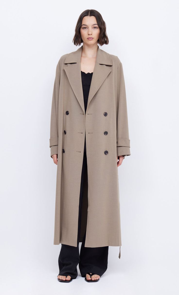 Yvonne Trench Coat in Taupe by Bec + Bridge Oversized Double-breasted Khaki Outerwear, Oversized Wool Coat With Double Button And Lapel Collar, Oversized Double-breasted Wool Coat, Oversized Wool Coat With Hidden Buttons, Oversized Wool Coat With Hidden Button Closure, Oversized Single-breasted Pea Coat For Business, Oversized Solid Wool Coat For Work, Oversized Double-breasted Wool Coat For Business, Oversized Single Breasted Solid Pea Coat