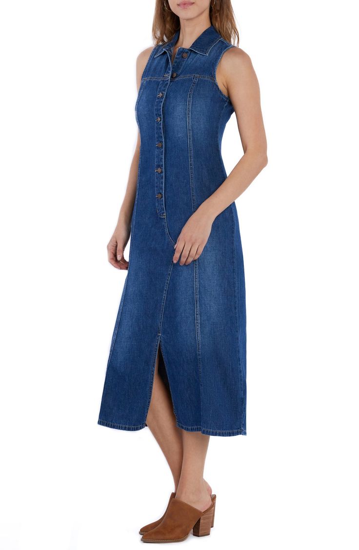 Down-home denim with a touch of linen means all-day comfort in this shirtdress finished with a Western-style yoke. 51" length Front button closure Spread collar Sleeveless Front vent Unlined 82% cotton, 18% linen Machine wash, tumble dry Imported Summer Indigo Denim Dress With Buttons, Summer Work Denim Dress, Daywear Denim Dress With Button Closure, Denim Dress With Button Closure For Daywear, Denim Blue Denim Dress With Buttons For Daywear, Denim Dress With Buttons For Daywear, Denim Blue Dress With Buttons For Daywear, Denim Blue Dress With Button Closure For Daywear, Fitted Denim Dress With Button Closure For Daywear