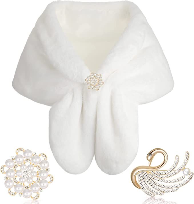 Amazon.com: Faux Fur Shawl Wrap Stole Shrug Winter Bridal Wedding Scarf Wrap with Faux Pearl Rhinestone Brooches for Women 1920s (Black, Medium, Short Hair) : Clothing, Shoes & Jewelry Wedding Scarf, Faux Fur Shawl, 1920s Outfits, Womens Cosplay, Fall Nights, Evening Shawls, Wedding Needs, Fur Wrap, Fur Shawl