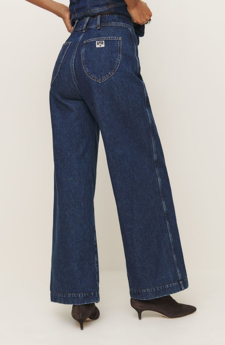 Elevate your denim collection with this ultrahigh-waisted nonstretch pair of jeans made with on-trend wide legs and uniquely shaped back pockets. 32" inseam; 24" leg opening; 13" front rise; 16" back rise (size 29) Exclusive retailer Zip fly with button closure Five-pocket style 80% organic cotton, 20% recycled cotton Machine wash, tumble dry Made in Turkey Cropped Leg Dark Wash Flare Jeans With Belt Loops, High Rise Denim Flare Jeans For Elevated Casual, High Rise Denim Flare Jeans For Casual Wear, Mid-rise Dark Wash Wide Leg Pants For Fall, Chic Dark Wash Wide Leg Jeans, Modern Denim Cropped Jeans With Wide Leg, Mid-rise Denim Flare Jeans For Elevated Casual Occasions, Modern Wide Leg Cropped Denim Jeans, Modern Wide Leg Denim Cropped Jeans