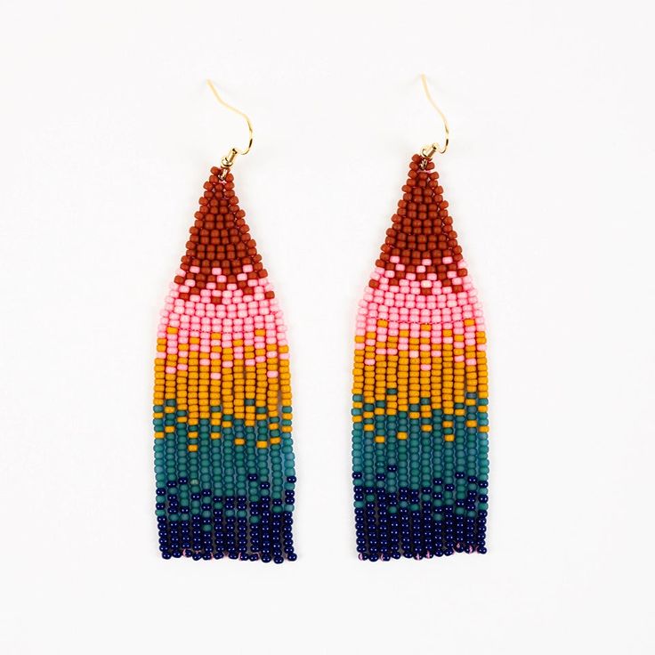 Ombre Bead Fringe Earrings - Deep Pop - Mango + Main Bohemian Multicolor Faceted Beaded Earrings, Multicolor Long Drop Jewelry With Tiny Beads, Multicolor Beaded Long Drop Chandelier Earrings, Multicolor Long Drop Earrings With Dangling Beads, Multicolor Long Drop Beaded Jewelry, Handmade Multicolor Long Drop Beaded Earrings, Handmade Multicolor Beaded Long Drop Earrings, Multicolor Long Drop Earrings With Colorful Beads, Blending Colors