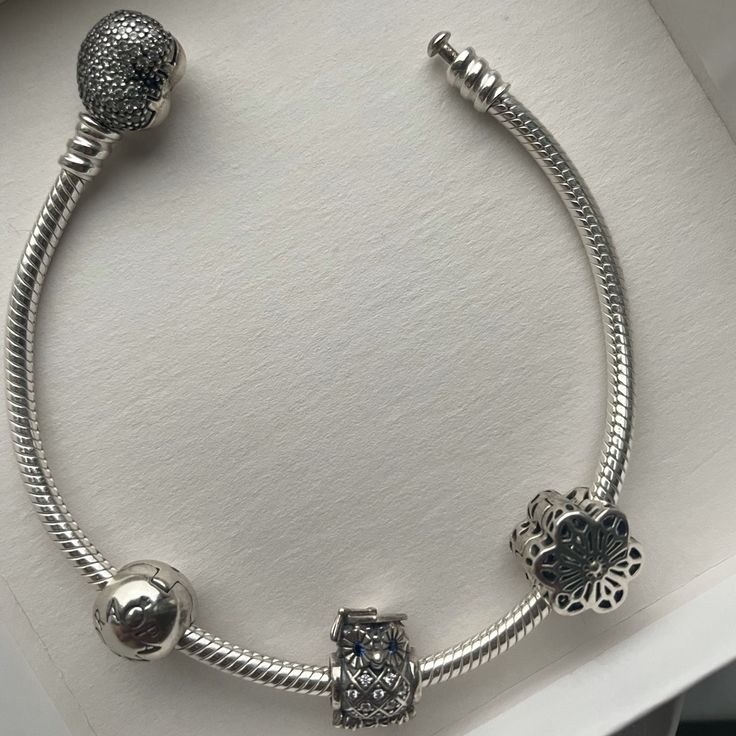 Brand New, Never Worn. Perfect Condition. Includes Charms And Stoppers. Elegant Gray Round Bead Bracelets, Elegant Gray Round Beads Bracelets, Elegant Gray Bracelet Jewelry, Elegant Gray Beaded Bracelets, Elegant Gray Bracelet, Elegant Gray Beaded Bracelets With Silver Beads, Elegant Gray Bracelets As Gift, Elegant Gray Bracelet As Gift, Elegant Gray Bracelets For Gift