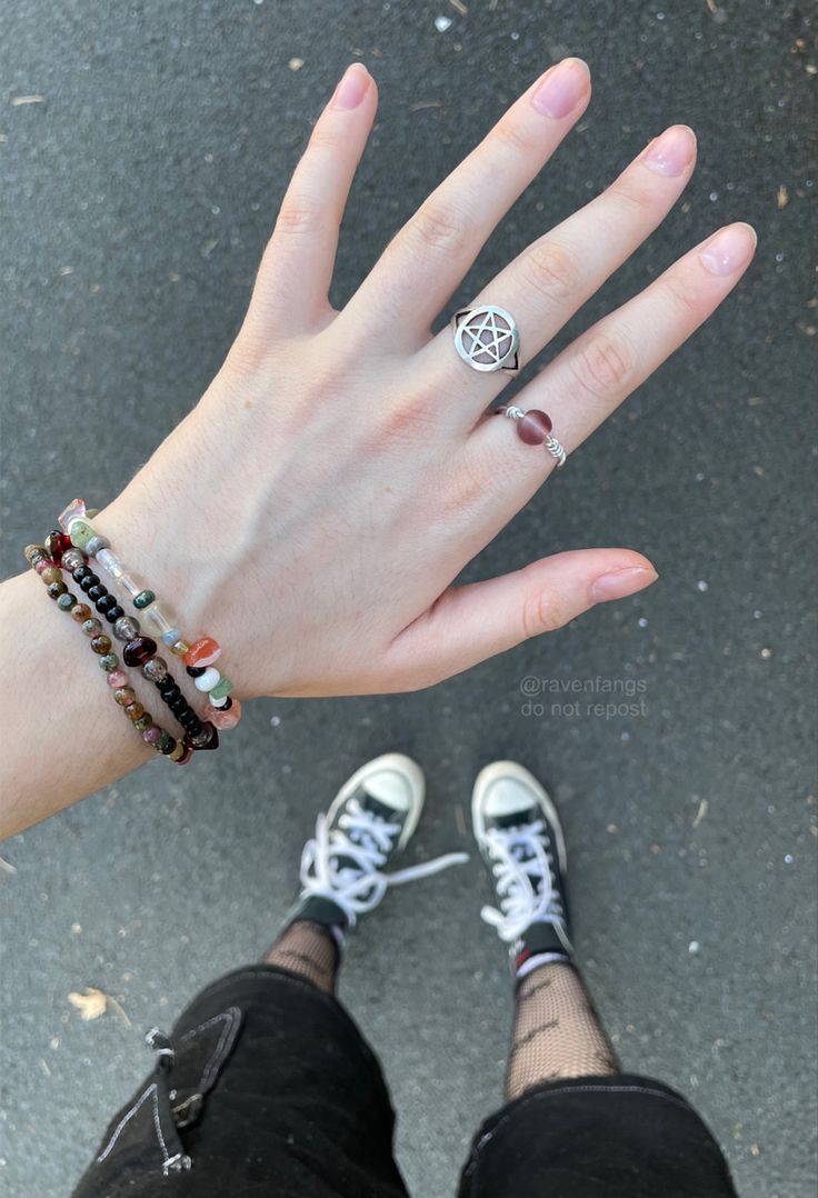 keywords (ignore!!) diy jewelry grunge alt aesthetic summer outfit bracelet rings pentacle pentagram Grunge Bracelets Aesthetic, Alt Bracelets, Grunge Bracelets, Grunge Alt Aesthetic, Pentagram Ring, Grunge Ring, Jewelry Grunge, Pentagram Jewelry, Downtown Style