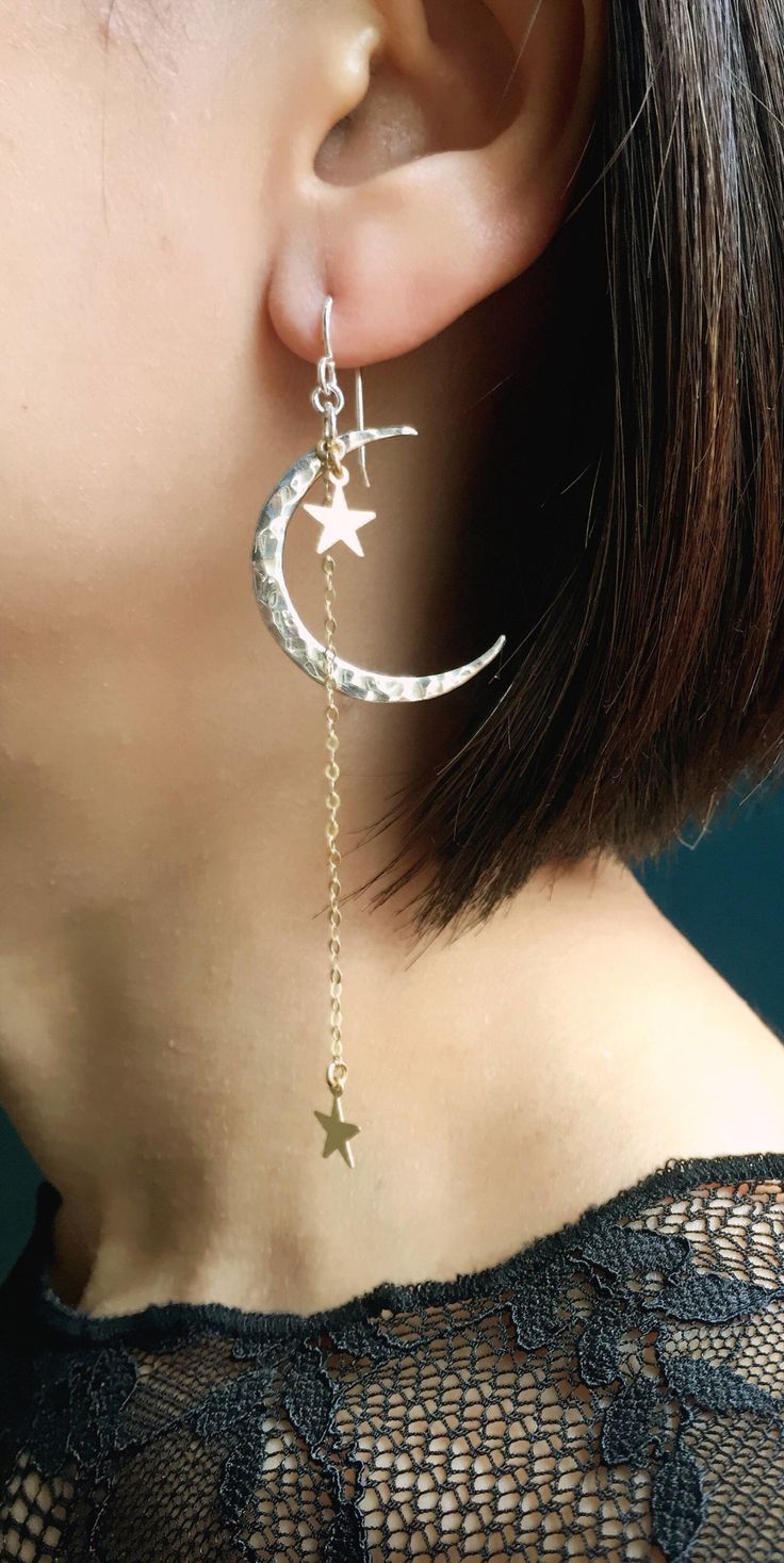 Crescent Moon earrings and Star Ear climber, Crescent Moon Shoulder Duster earrings, Sterling Silver Star Ear Crowler — Sora Designs Celestial Dangle Jewelry With Moon Charm, Celestial Jewelry With Dangling Charms, Silver Celestial Earrings With Dangling Charms, Celestial Silver Earrings With Dangling Charms, Celestial Drop Earrings With Star Charm, Sterling Silver Long Drop Dangling Charms Jewelry, Elegant Star-shaped Jewelry With Dangling Charms, Sterling Silver Half Moon Pierced Jewelry, Sterling Silver Star Earrings With Dangling Charms