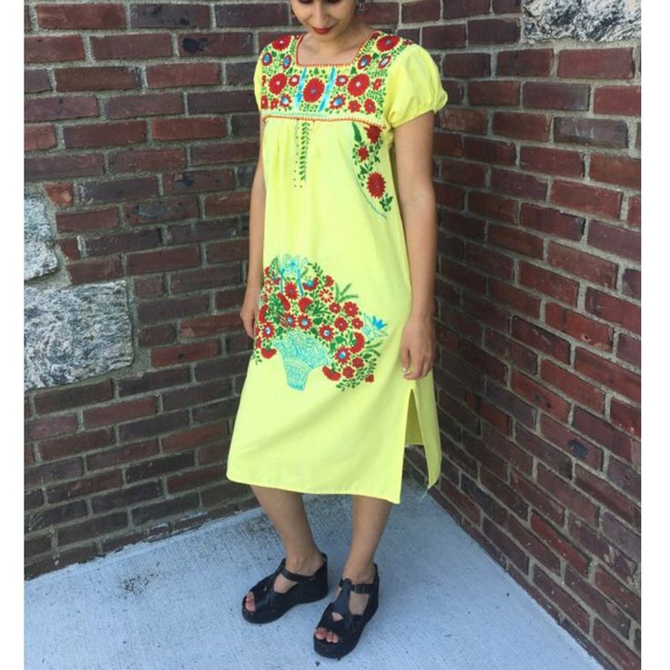 Vintage Yellow Handmade Mexican Embroidered Dress. Maxi Length. Gorgeous Complimentary Colors. No Label. Cotton. Measurements Laying Flat: Fits A Wide Range Of Sizes From Small-Large. Armpit To Armpit 20.5", Length From Shoulder To Lowest Point 25" Yellow Embroidered Fitted Dress, Yellow Folk Dress For Spring, Yellow Floral Embroidered Dress For Spring, Yellow Embroidered Short Sleeve Dress, Traditional Yellow Embroidered Cotton Dress, Yellow Floral Embroidered Dress, Traditional Yellow Floral Embroidered Dress, Yellow Cotton Dress With Floral Embroidery, Yellow Embroidered Dress For Summer