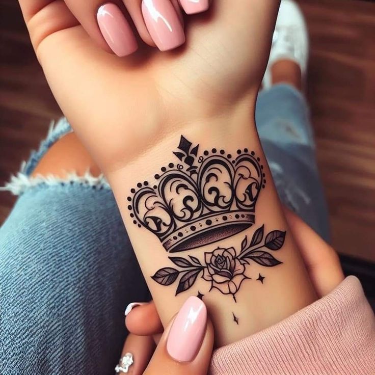 a woman's wrist tattoo with a crown on it