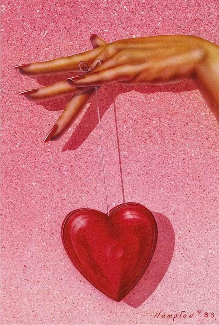 a painting of a hand holding a string with a red heart hanging from it's end