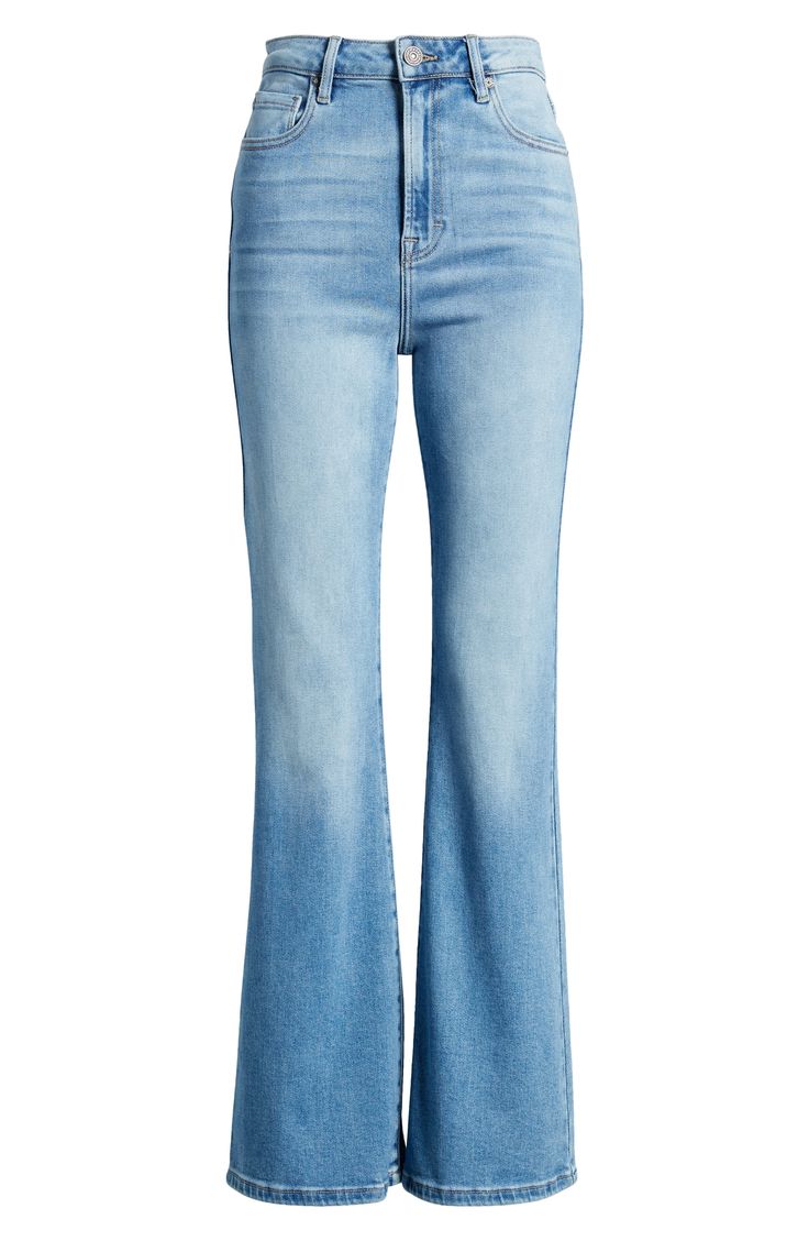 Cleanly styled for a casual-chic look, these light-wash flare jeans are made from stretchy denim with a high waist and full-length legs. 31" inseam; 11 1/2" front rise Zip fly with button closure Five-pocket style 93% cotton, 5% polyester, 2% spandex Machine wash, tumble dry Imported Flared Jeans High Waisted, Chic Flare Jeans In Light Wash, Light Wash Flare Cropped Denim Jeans, Flare Light Wash Cropped Denim Jeans, Light Wash Flare Cropped Jeans, Trendy Light Wash Flare Cropped Jeans, Women’s Jeans, Cute Flare Jeans, Goth Glamour