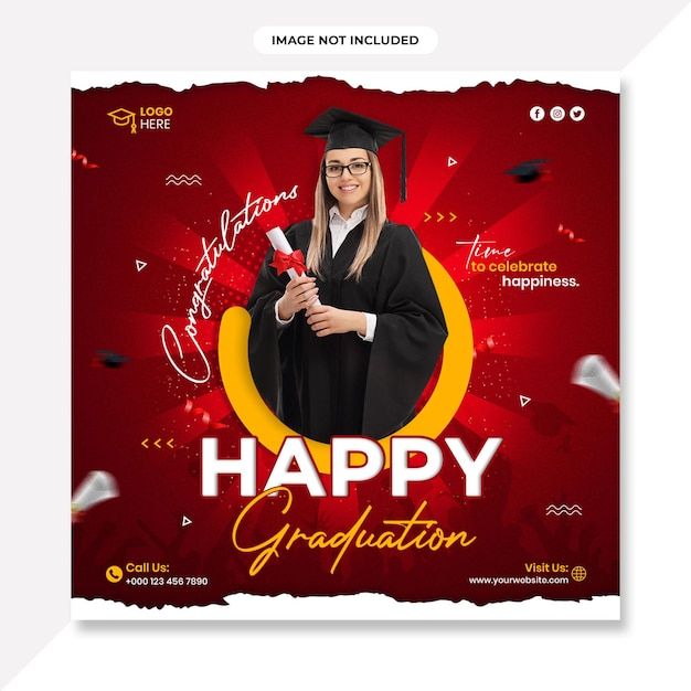 a red graduation flyer with a graduate holding a diploma in it's right hand