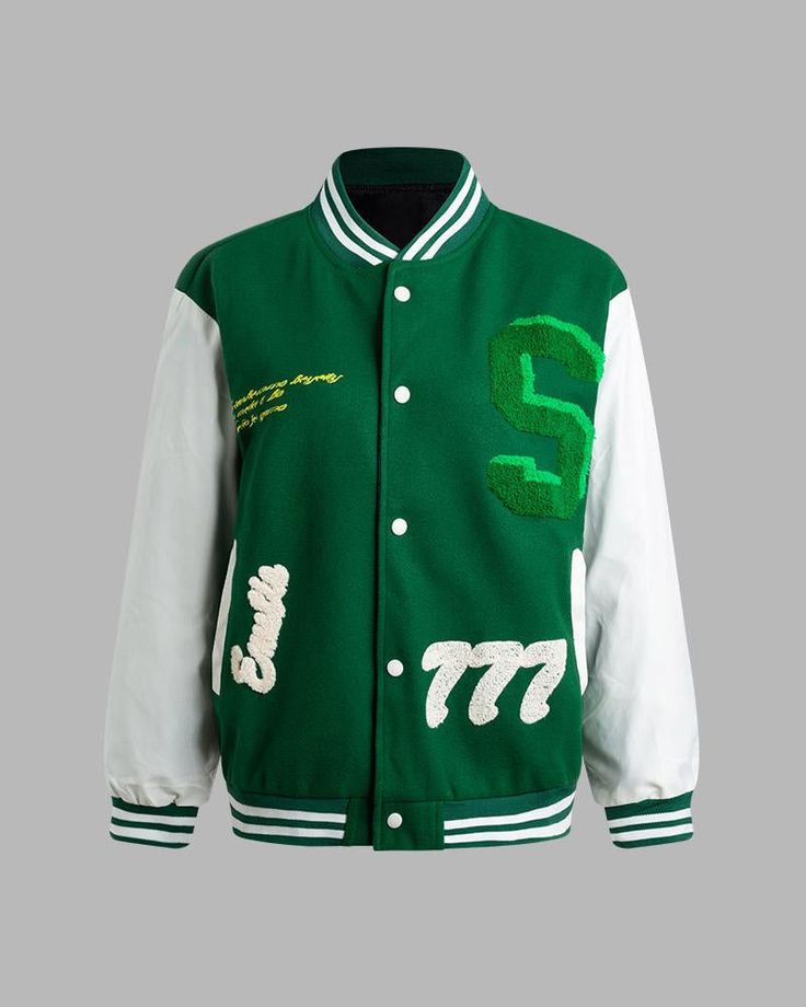 Details: Green baseball jacket with letter embroideryTop Length: NormalSleeve Length: Long SleevesMaterials:95% Polyester + 5% Spandex Winter Sporty Varsity Jacket With Patches, Sporty Winter Varsity Jacket With Patches, Hooded Embroidered College Varsity Jacket, Hooded Embroidered Varsity Jacket For College, Embroidered Hooded Varsity Jacket For College, Sporty Spring Varsity Jacket With Patchwork, Sporty Patchwork Varsity Jacket For Spring, Casual Fall Varsity Jacket With Patches, Sporty Outerwear With Patches And Baseball Collar