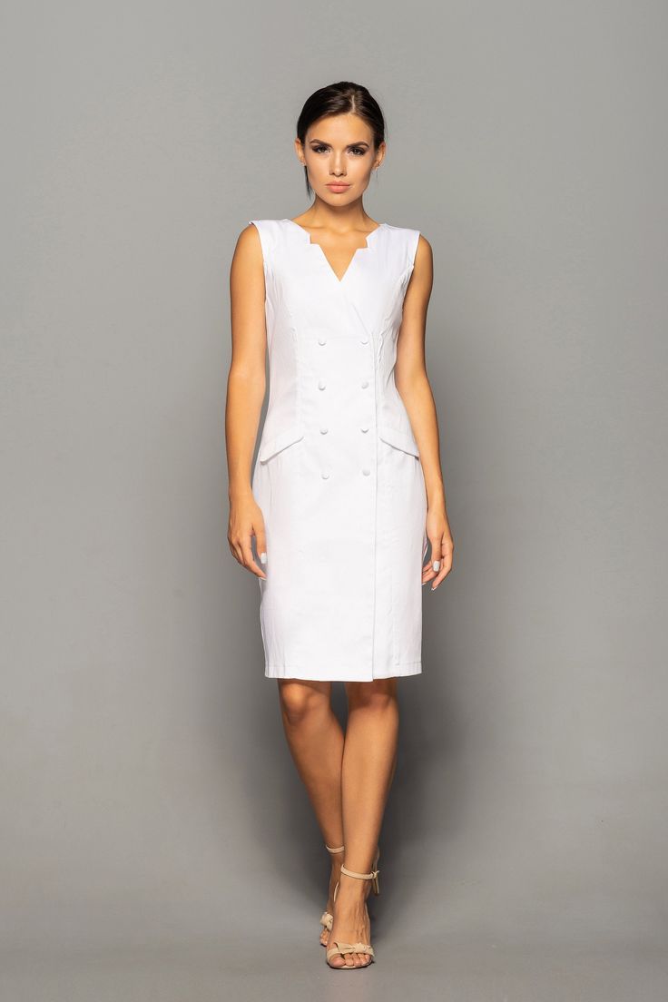 "A midi summer dress featuring an imitation of double breasted closure, v-neckline, and a wiggle silhouette. - v-neckline - pencil silhouette - knee length (midi) - sleeveless - imitation of double breasted closure - button front - concelaed back zipper closure - fully lined Color: white Fabric: cotton - 95%, elastane - 5% Lining: 95% viscose, 5 % elastane For size S: length- 40,16\" (102 cm) Our model wears size S (06) and is 171cm/5'6\" tall. MORE DRESSES: https://www.etsy.com/shop/TAVROVSKA?r Elegant Fitted V-neck Dress With Button Closure, Elegant V-neck Midi Dress With Buttons, Elegant V-neck Dress With Buttons For Spring, Summer Workwear Mini Dress With Notched Neckline, Summer Mini Dress With Notched Neckline For Work, Elegant V-neck Blazer Dress For Summer, Summer Sleeveless Dress For Office, Elegant Mini Dress With Notched Neckline For Summer, Elegant A-line Sleeveless Dress With Buttons