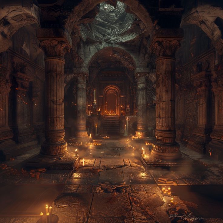 a dimly lit room with candles in the floor and columns on either side of it