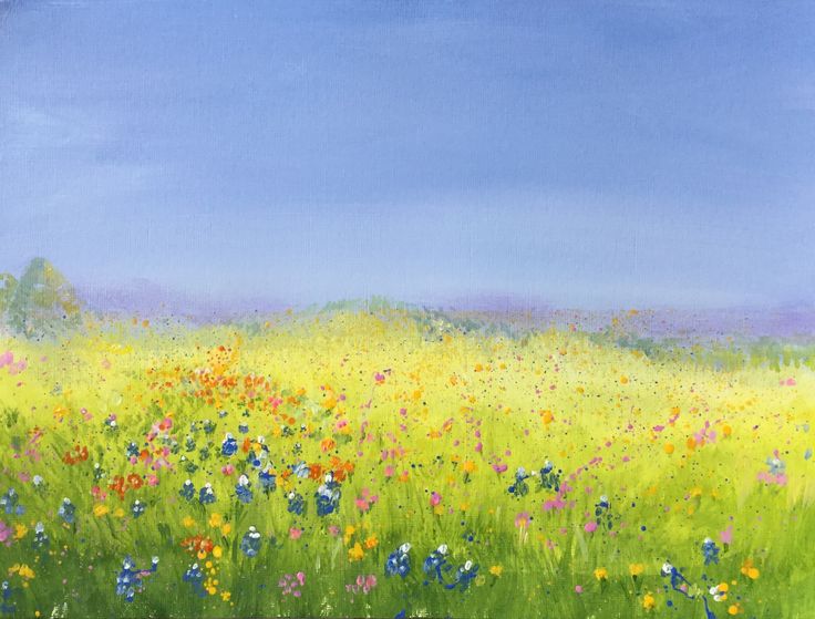 a painting of a field full of wildflowers and blue sky in the background