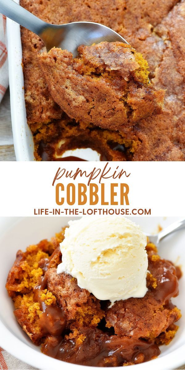 pumpkin cobbler in a white bowl with ice cream on top and the recipe below