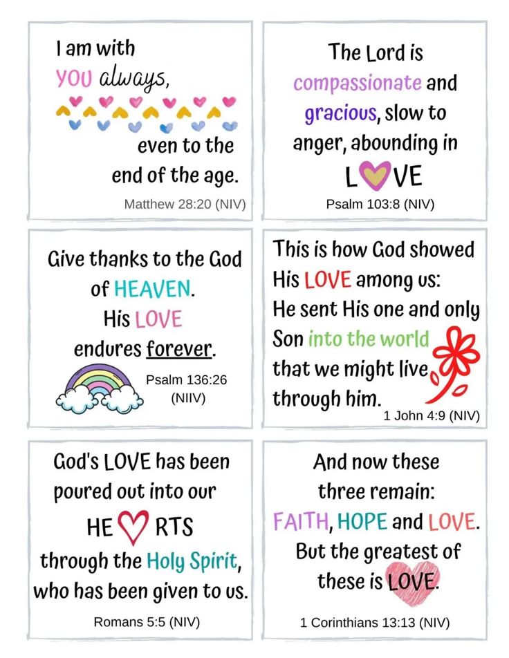 four different bible verses with hearts and rainbows on the bottom, one is in pink