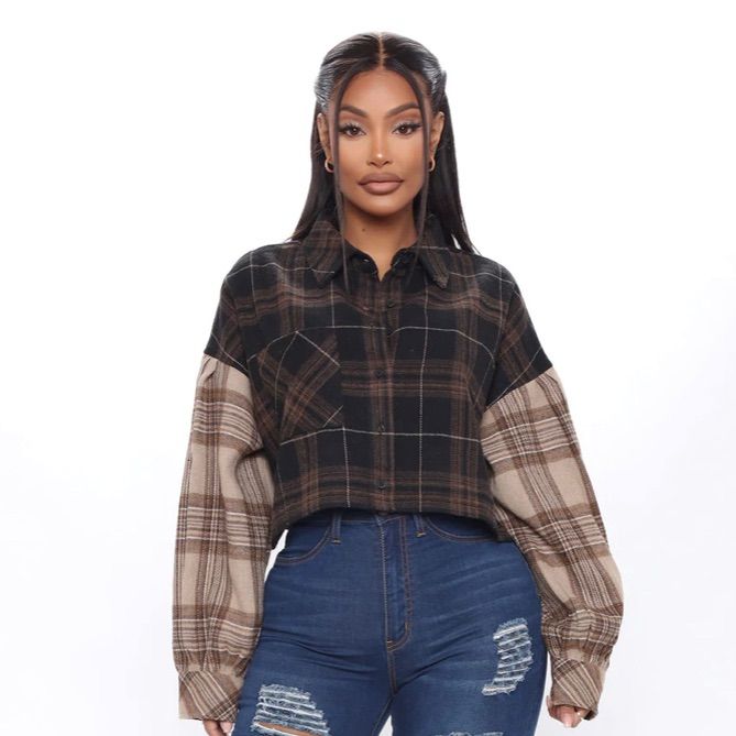 Fashion Nova Cropped Flannel Size Medium 100% Cotton Black, Brown, Tan Flannel Top Cropped Collared Button Down Contrast Sleeves Drop Balloon Sleeve Size Medium Appropriate Measurements Laying Flat- Approximately 25.5” From Pit To Pit, 19” From Shoulder To Shoulder, 18” Length From Shoulder To Bottom, 8” From Pit To Bottom, 17.5” Sleeve Length From Pit To Wrist, 26.5” Sleeve Length From Shoulder To Wrist. Please See Measurements In Photos Cropped Flannel Outfits, Flannel Crop Top, Tan Flannel, Cropped Flannel, Black Leather Corset, Fashion Nova Bodysuit, Brown Flannel, Flannel Shacket, Flannel Outfits