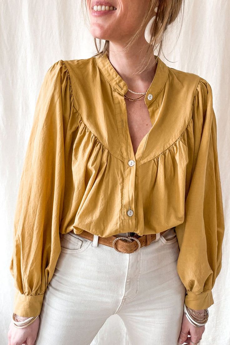 ad eBay - Find many great new & used options and get the best deals for Azura Exchange Yellow Puff Sleeve Pleated Loose Shirt at the best online prices at eBay! Free delivery for many products! Mandarin Collar Shirt Women, Lisa Fischer, Mandarin Collar Shirt, Loose Fit Shirts, Formal Cocktail Dress, Pleated Sleeves, Loose Shirt, Loose Fitting Tops, Spring Outfits Women