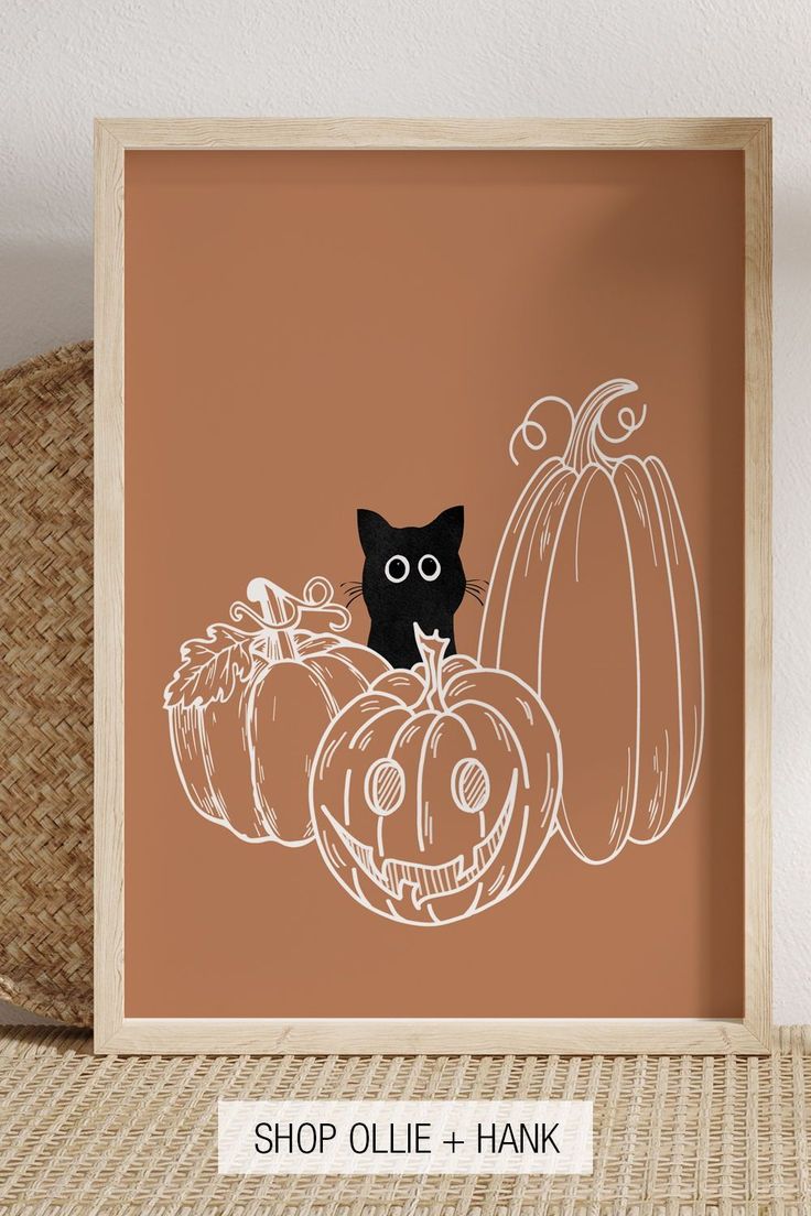 a black cat sitting on top of pumpkins in front of a brown background with the words shop ollie and hank