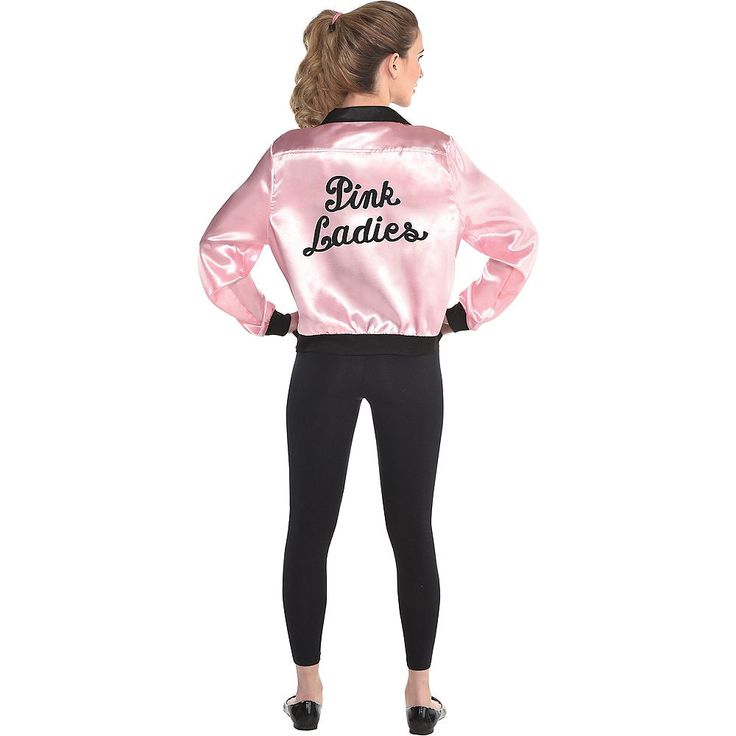 a woman wearing a pink satin jacket with the words bank ladies on it and black leggings