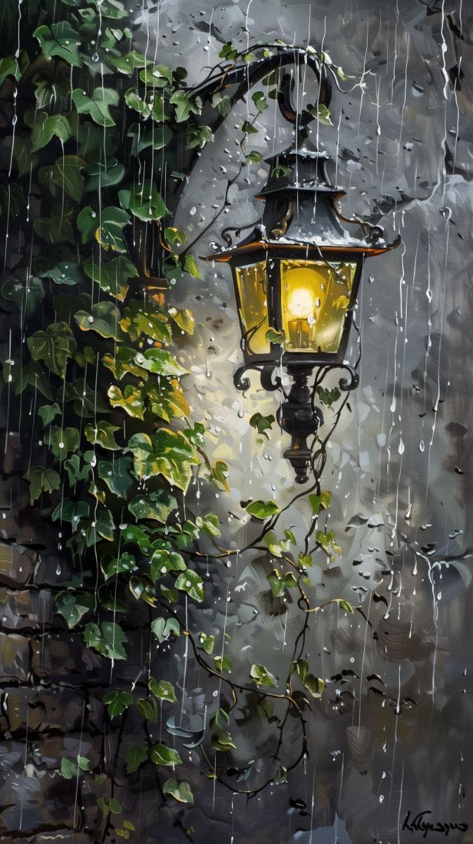 an oil painting of a lamp post in the rain with ivy growing up against it