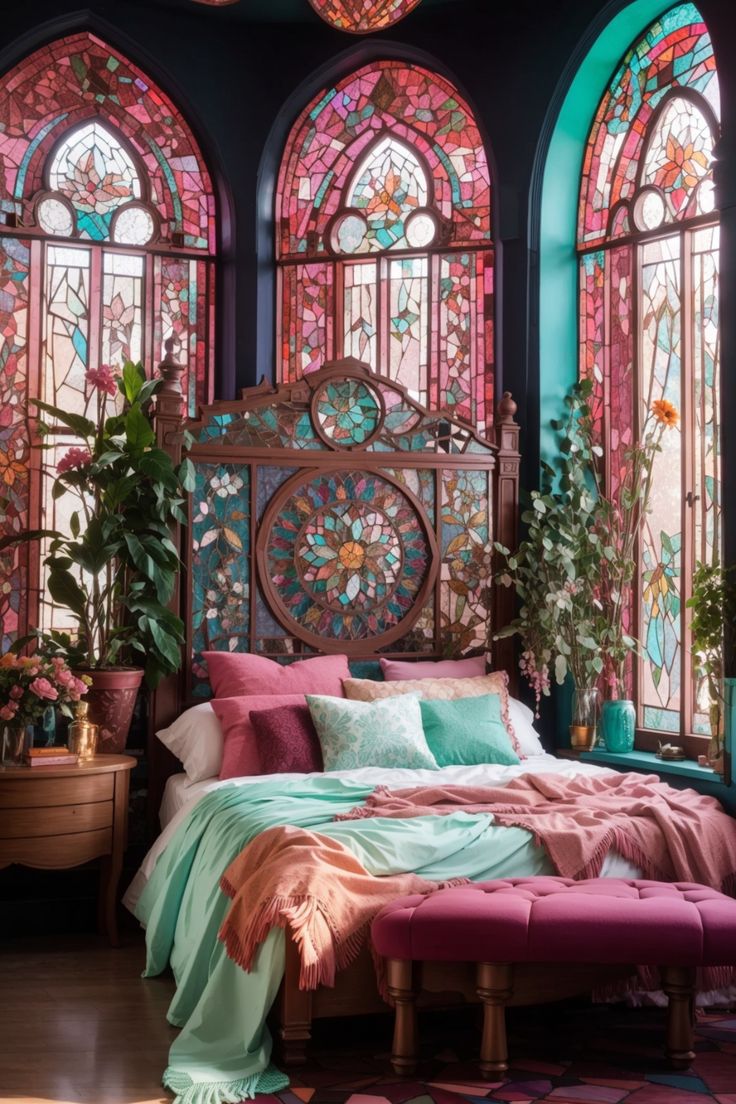 a bedroom with stained glass windows and colorful bedding