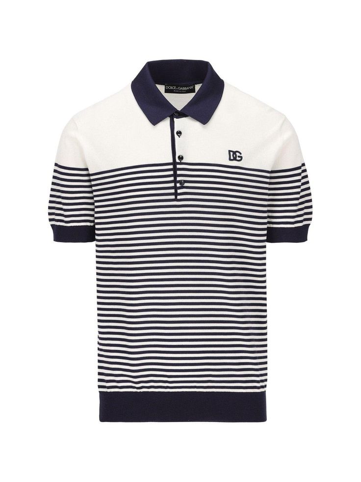 100% Silk | Dolce & Gabbana Men's Dg Patch Striped Knitted Polo Shirt in White/Blue | SS24 Designer White Tops With Ribbed Collar, Fitted Knit Polo Top, Fitted Knit Tops With Polo Collar, Fitted Knit Top With Polo Collar, Elegant Summer Tops With Ribbed Collar, Designer Short Sleeve Tops With Ribbed Collar, Designer Short Sleeve Top With Ribbed Collar, Classic Striped Knit Tops, Classic Knit Tops With Seamless Collar